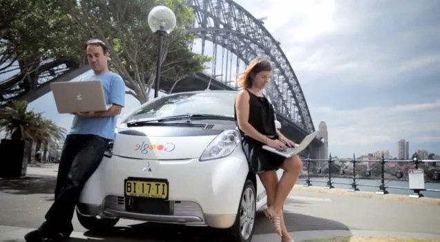 The Mitsubishi iMiEV electric car experiment at the Sydney Harbour Bridge.