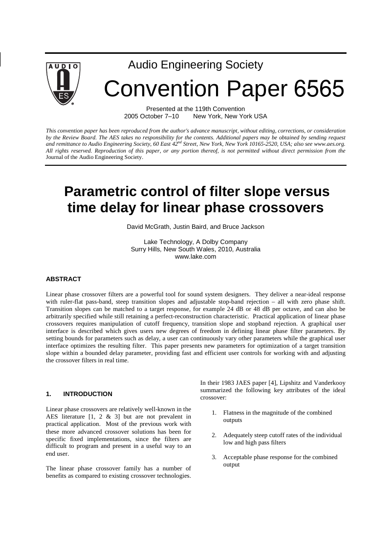 Parametric Control of Filter Slope Versus Time Delay for Linear Phase Crossovers