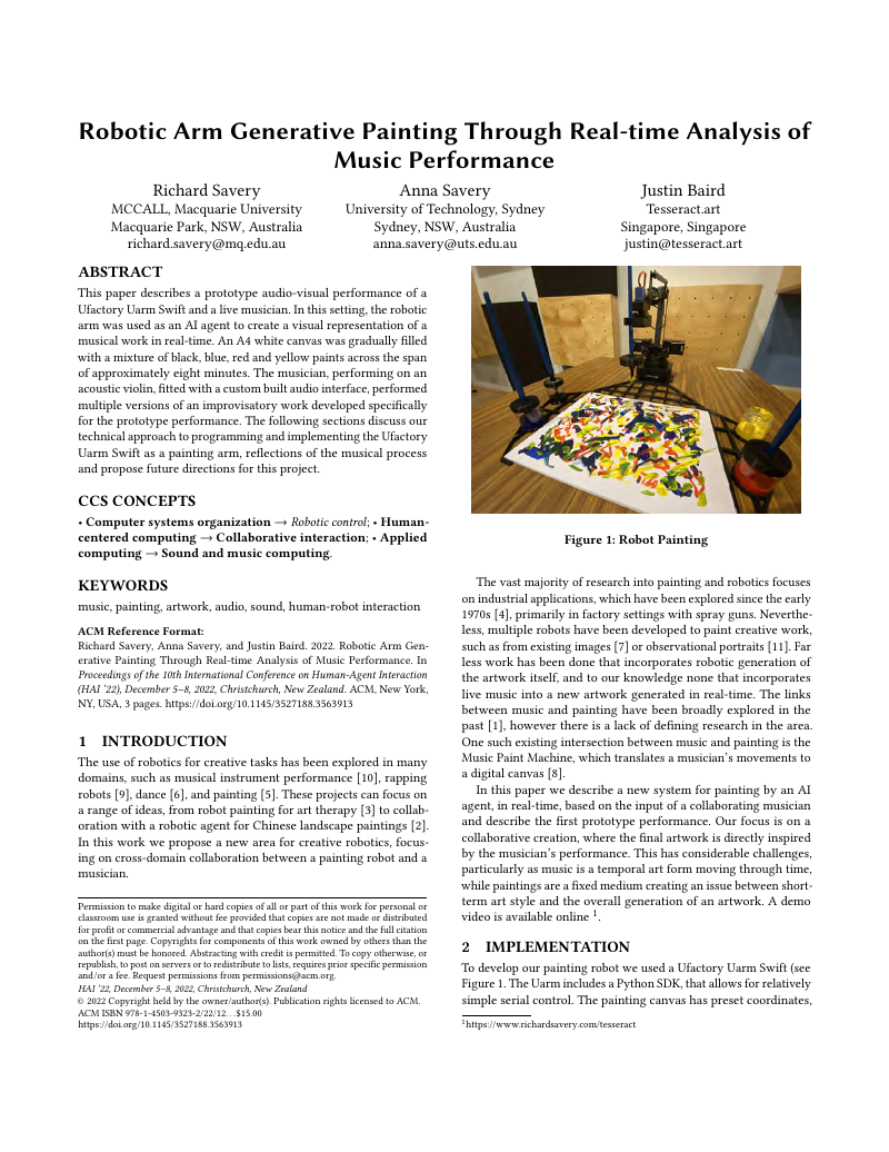 Robotic Arm Generative Painting Through Real-time Analysis of Music Performance