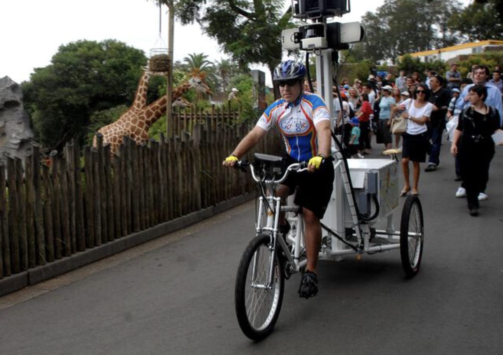 Justin riding the trike through the zoo as visitors look on.