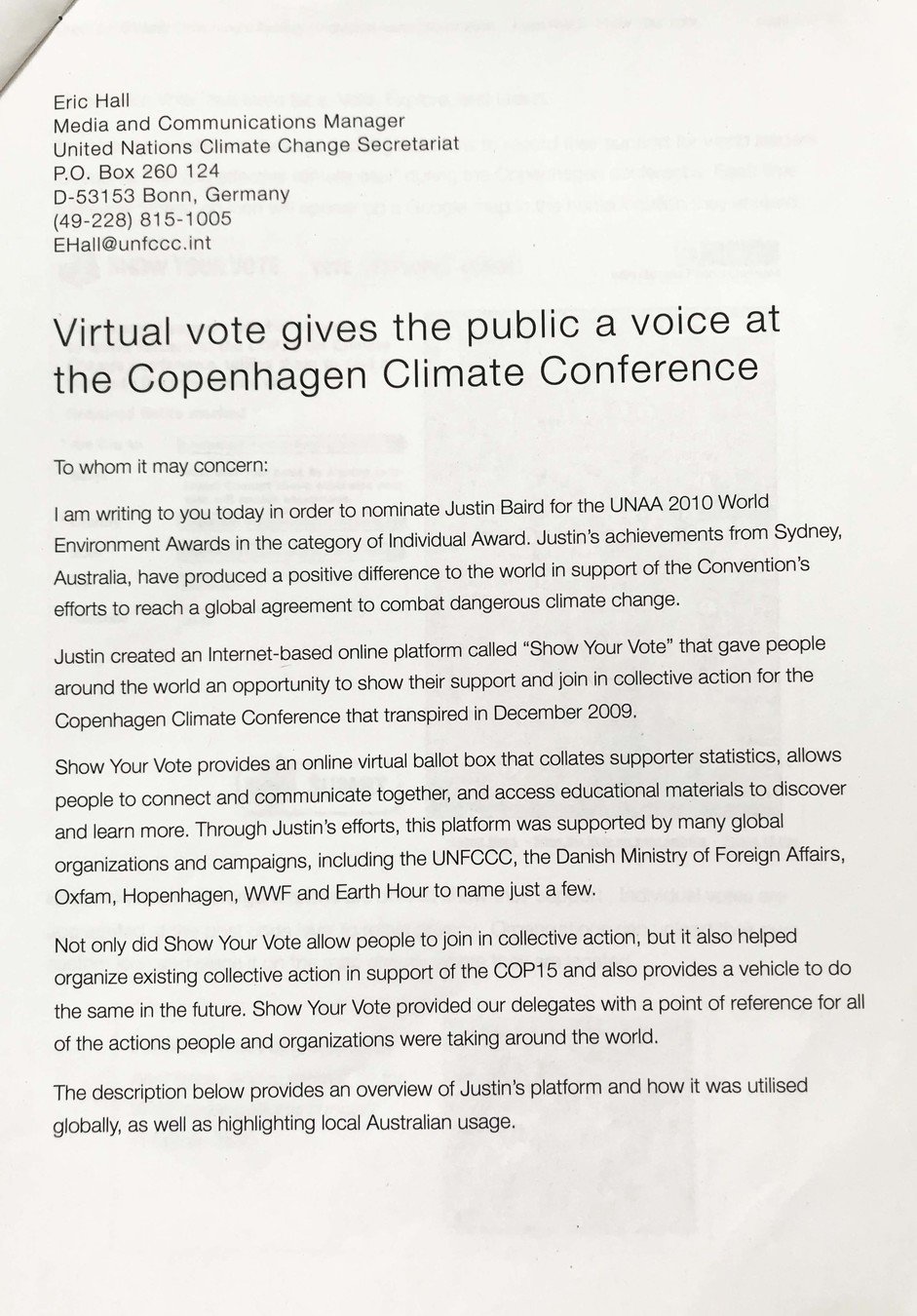 The UNFCCC recognition of Show Your Vote.
