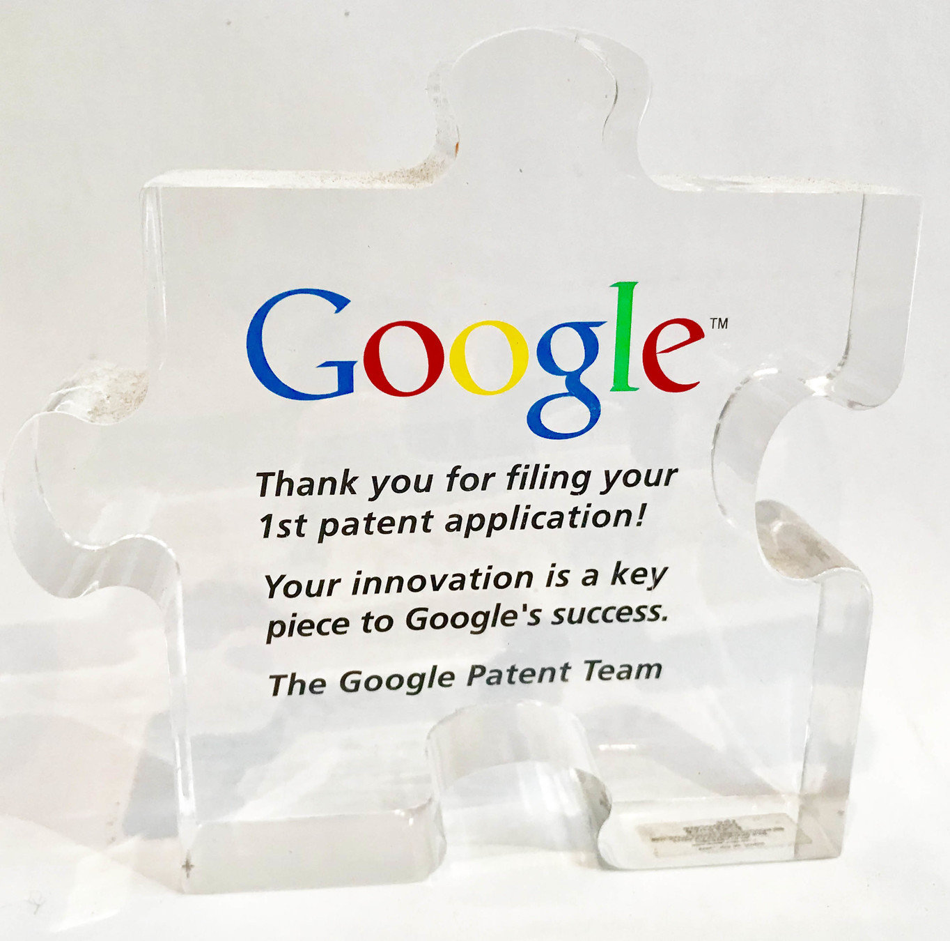 Google's award for Justin's first patent filing.